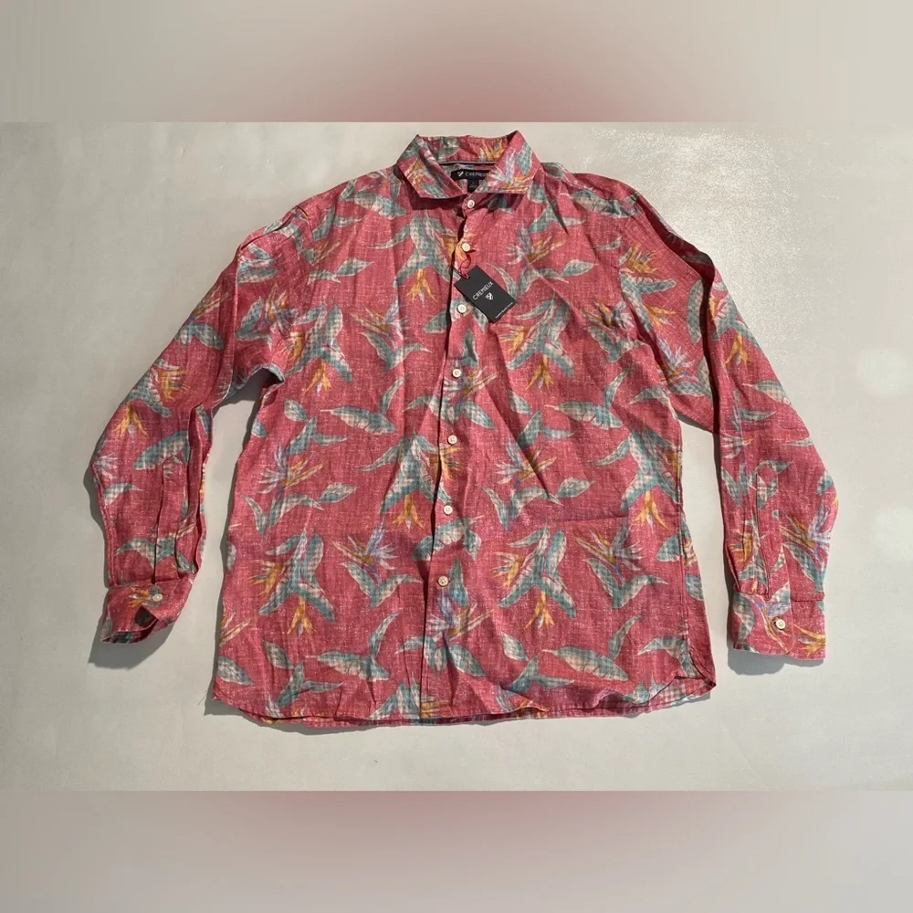 NEW- Size L Mens Cremieux Long Sleeve Button Down Shirt Linen Pink Floral